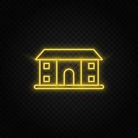 Yellow neon icon building, college. Transparent background. Yellow neon vector icon on dark background