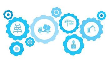 Connected gears and vector icons for logistic, service, shipping, distribution, transport, market, communicate concepts. building, construction, industry, robot gear blue icon set on white background