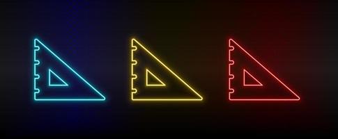 Neon icons, degree square, drafting, geometry tool. Set of red, blue, yellow neon vector icon on darken transparent background