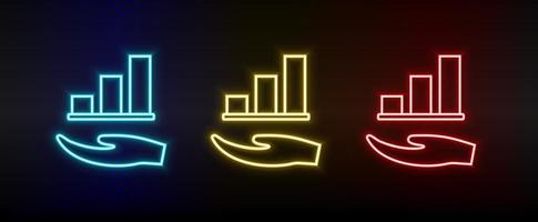 Neon icon set graph, growth. Set of red, blue, yellow neon vector icon on transparency dark background