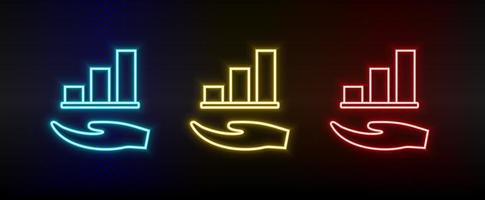 Neon icon set graph, growth. Set of red, blue, yellow neon vector icon on transparency dark background