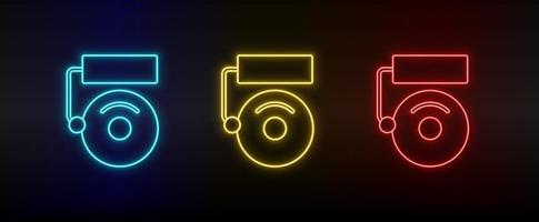 Neon icons, alarm, school. Set of red, blue, yellow neon vector icon on darken transparent background