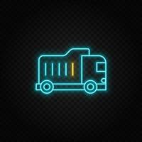 dump truck, building. Blue and yellow neon vector icon. Vector transparent background