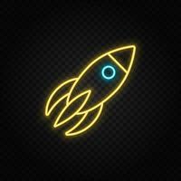 rocket, spaceship neon icon. Blue and yellow neon vector icon. Transparent background