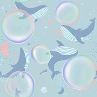 Vector Pastel Colors Bubbles and Whales in Outer Space Dream Seamless Pattern for Kid and Baby Fabric or Wrapping Paper Printing.