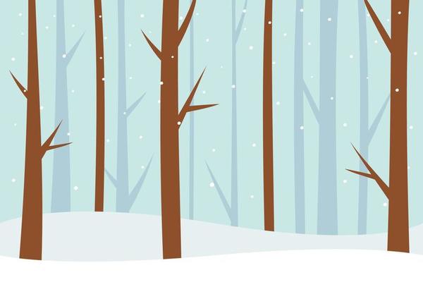 Winter landscape with falling snow and dead tree