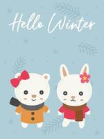 Winter animals doodle with winter theme background vector