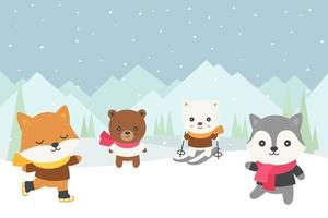 Winter animals doodle playing in snow mountain vector