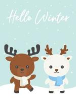 Winter animals doodle with winter theme background vector