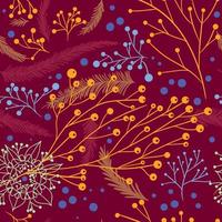 Seamless linear pattern with branches with berries, rowan, viburnum on dark red background. Vector illustration