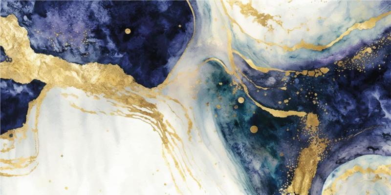 Abstract blue liquid watercolor background with golden crackers