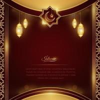 Ramadan Arabic Islamic Red and Golden Luxury Ornamental Background with Islamic Pattern and Decorative Lanterns vector