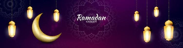 Elegant ramadan kareem banner design with golden moon and lantern vector