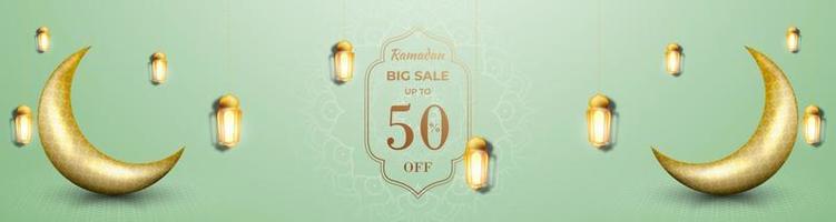 Elegant ramadan kareem banner design with golden moon and lantern vector