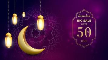 Elegant ramadan sale banner design with golden moon and lantern vector