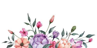 acuarela flores frontera con vistoso Clásico flores y verde hojas ilustración vector