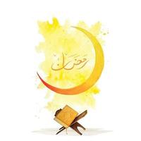 Ramadan greeting card design, crescent moon and Quran watercolor illustration with color splash background vector