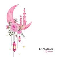 Ramadán saludo diseño, acuarela creciente Luna y minaretes decorado con rosado rosas ramo de flores y colgando linternas ilustración