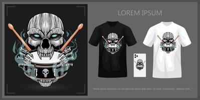 T-shirt design featuring a skull head biting a snare drum and sticks, complete with mockup. vector