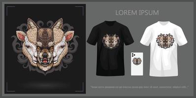 T-shirt design featuring a wolf's head behind a sheep's head, complete with mockup. vector