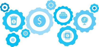 Connected gears and vector icons for logistic, service, shipping, distribution, transport, market, communicate concepts. gear blue icon setbusiness project, financial startup .