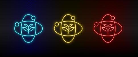 Neon icon set atom, plants, eco. Set of red, blue, yellow neon vector icon on transparency dark background