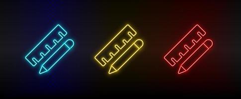 Neon icons, geometry, measuring ruler. Set of red, blue, yellow neon vector icon on darken transparent background