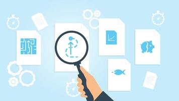 Document with search icons. File and magnifying glass. Analytics research sign. Vector Illustrationbank broken piggy file, document research vector illustration on white background