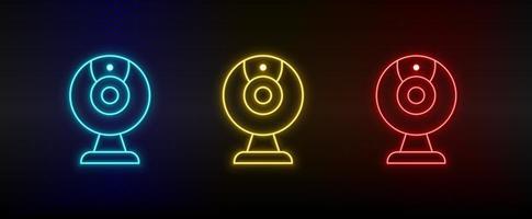 Neon icon set Cam camera. Set of red, blue, yellow neon vector icon on transparency dark background