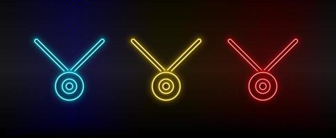 Neon icons, medal, prize. Set of red, blue, yellow neon vector icon on darken transparent background