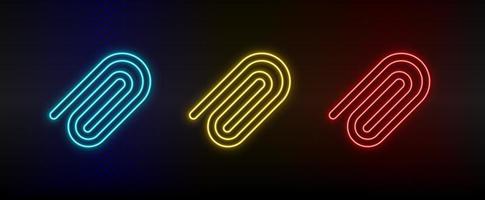 Neon icons, office supplies. Set of red, blue, yellow neon vector icon on darken transparent background