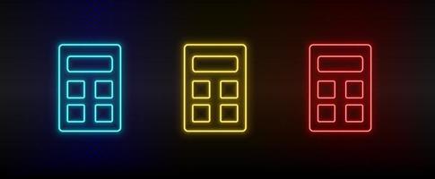 Neon icons, calculator. Set of red, blue, yellow neon vector icon on darken transparent background