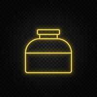 Yellow neon icon ink, bottle. Transparent background. Yellow neon vector icon on dark background