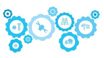 Connected gears and vector icons for logistic, service, shipping, distribution, transport, market, communicate concepts. building, construction, crane gear blue icon set on white background
