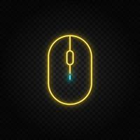 Click, hardware, mouse. Blue and yellow neon vector icon. Transparent background on dark background