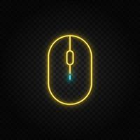 Click, hardware, mouse. Blue and yellow neon vector icon. Transparent background on dark background