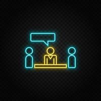 business meeting, job interview neon icon. Blue and yellow neon vector icon. Transparent background