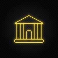 Yellow neon icon building, college. Transparent background. Yellow neon vector icon on dark background