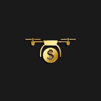 Cash delivery, drone business gold icon. Vector illustration of golden dark background. Gold vector icon