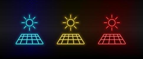 Neon icon set solar, sun, charger. Set of red, blue, yellow neon vector icon on transparency dark background
