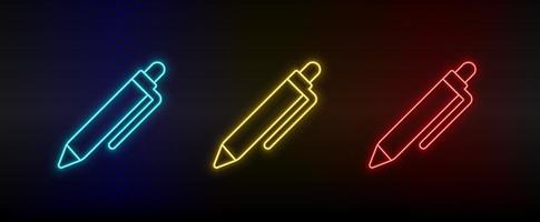 Neon icons, pencil. Set of red, blue, yellow neon vector icon on darken transparent background