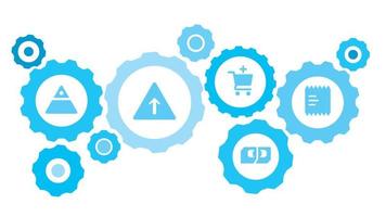 Connected gears and vector icons for logistic, service, shipping, distribution, transport, market, communicate concepts. Balance, scales gear blue icon set on white background