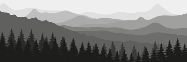 Horizontal mountain landscape with trees. Panoramic view of ridges and forest in fog, vector illustration.