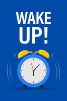 Wake up time badge. Alarm clock with banner Wake up. Morning time. Ringing alarm clock. Isolated vector illustration.
