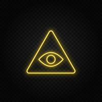 Yellow neon icon eye, pyramid.Transparent background. Yellow neon vector icon on dark background