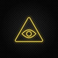 Yellow neon icon eye, pyramid.Transparent background. Yellow neon vector icon on dark background