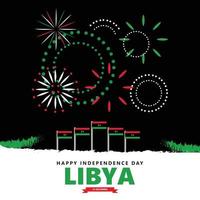 Libya independence day vector template with national flags and fireworks within black background.