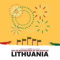 Day of Restoration of the State of Lithuania vector illustration with national flag and fireworks. Lithuania national day greeting card. Suitable for social media post.