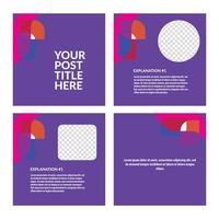 Purple colored vector social media template with geometric shapes ornament. Four pages carousel and microblog post style.