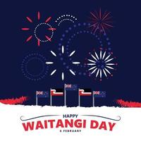 Waitangi day vector illustration with New Zealand and Maori flags. National day of New Zealand greeting card and social media template.